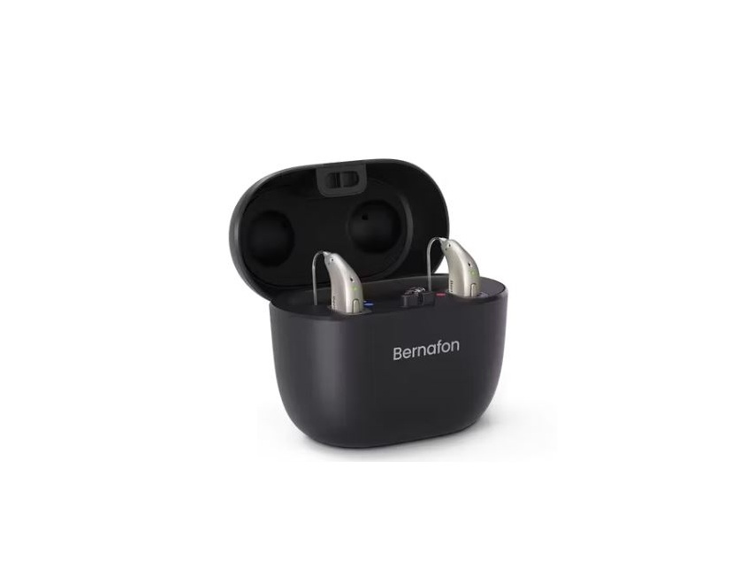 Bernafon hearing aids in portable charging case