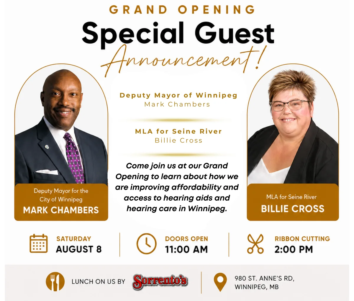 simplyHEAR Grand Opening special guest announcement — Deputy Mayor of Winnipeg Mark Chambers and MLA for Seine River Billie Cross. Saturday August 8, doors open 11:00 AM, ribbon cutting 2:00 PM, lunch by Sorrento's, at 980 St Anne's Rd, Winnipeg MB.
