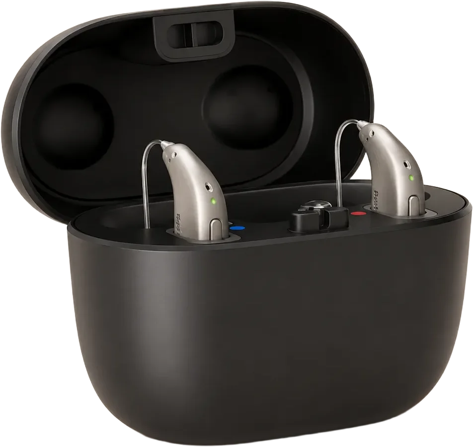 Two rechargeable Bluetooth hearing aids in a portable charging case, fitted at simplyHEAR in Winnipeg